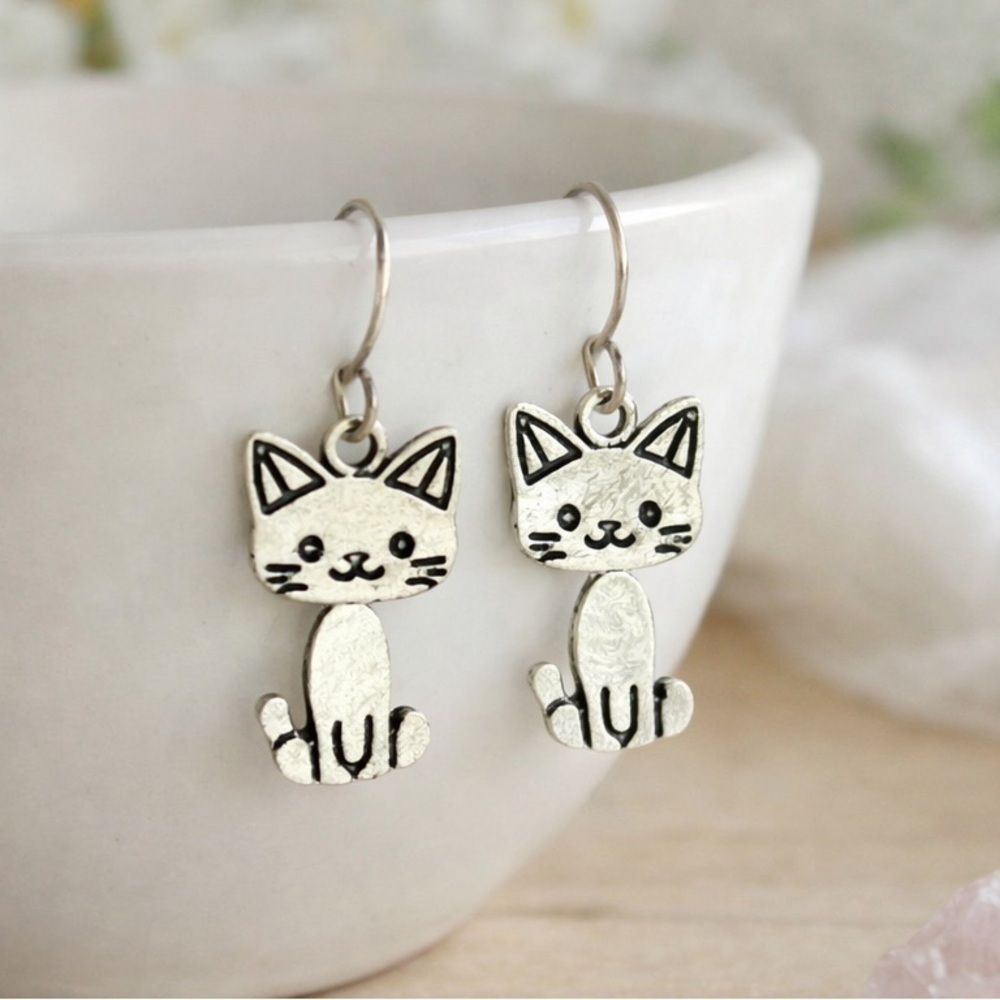 Cat Dangle Earrings | Silver Tone Kitty Drop Earrings | Whimsical Animal Jewelry